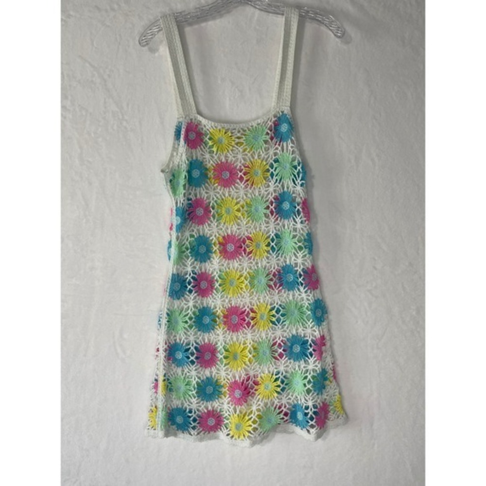 White Colorful Crochet Floral Daisy Mini Dress Sz Med Swim Coverup Boho Festival